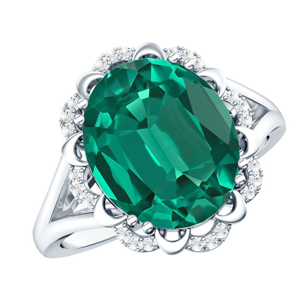 Lab Created Emerald Ring – Vintage Engagement Jewelry Gift with Diamond Halo