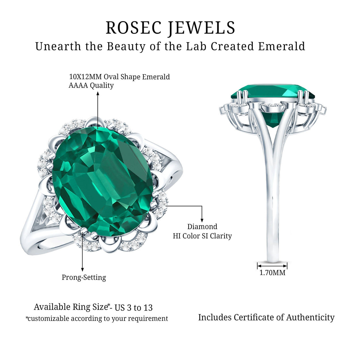 Lab Created Emerald Ring – Vintage Engagement Jewelry Gift with Diamond Halo