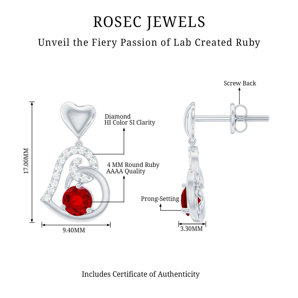 Lab Created Ruby and Diamond Heart Drop Earrings
