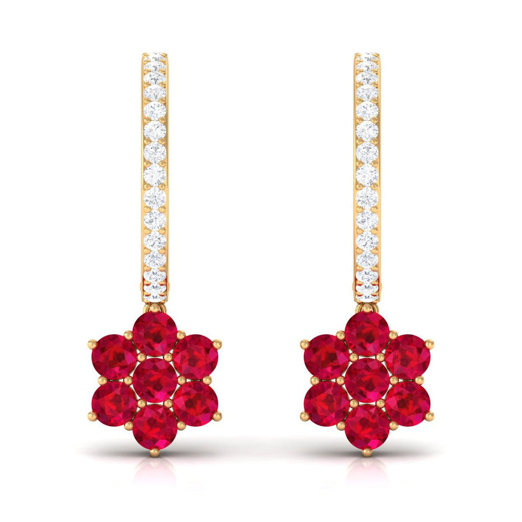 Lab Created Ruby Flower Drop Hoop Earrings with Diamond