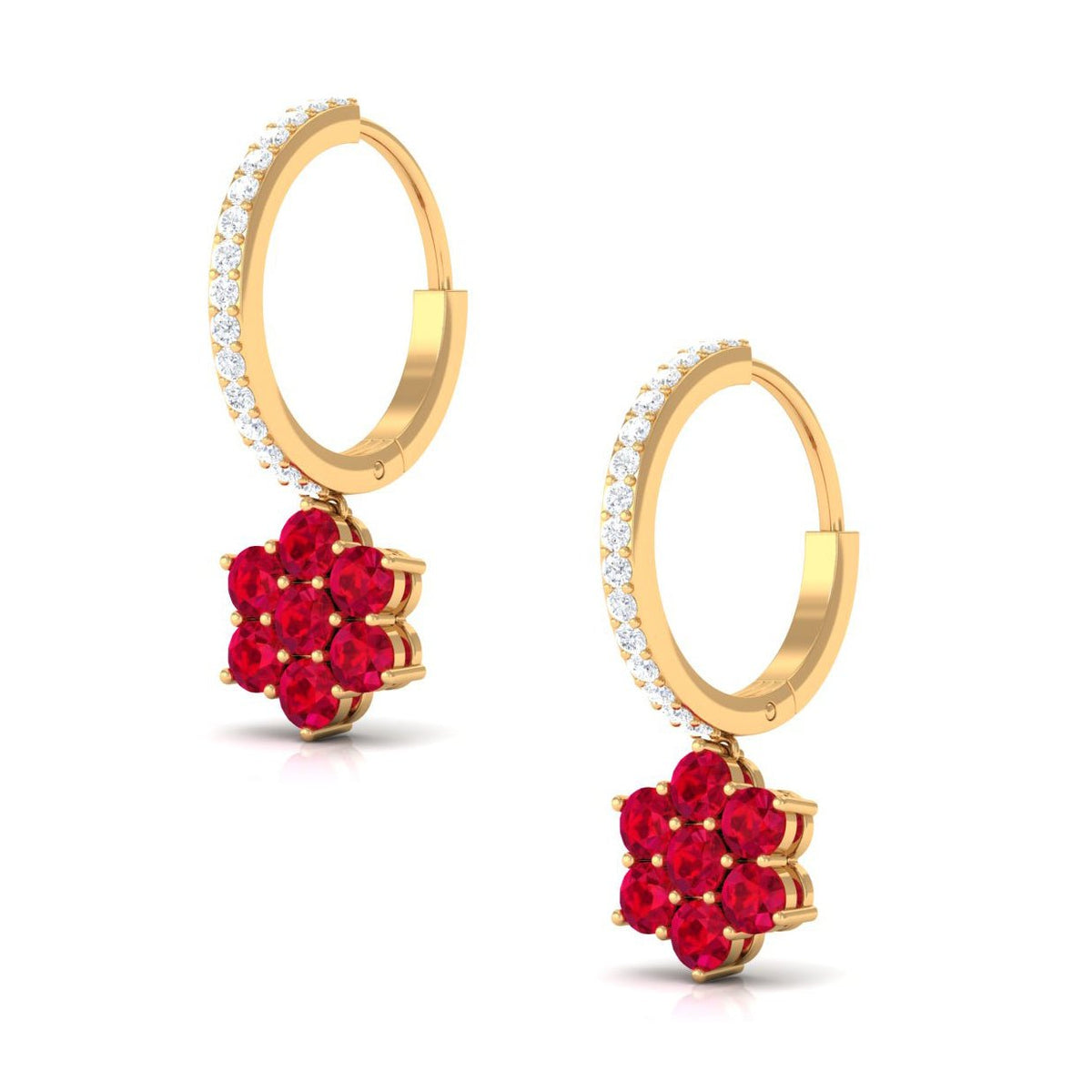 Lab Created Ruby Flower Drop Hoop Earrings with Diamond