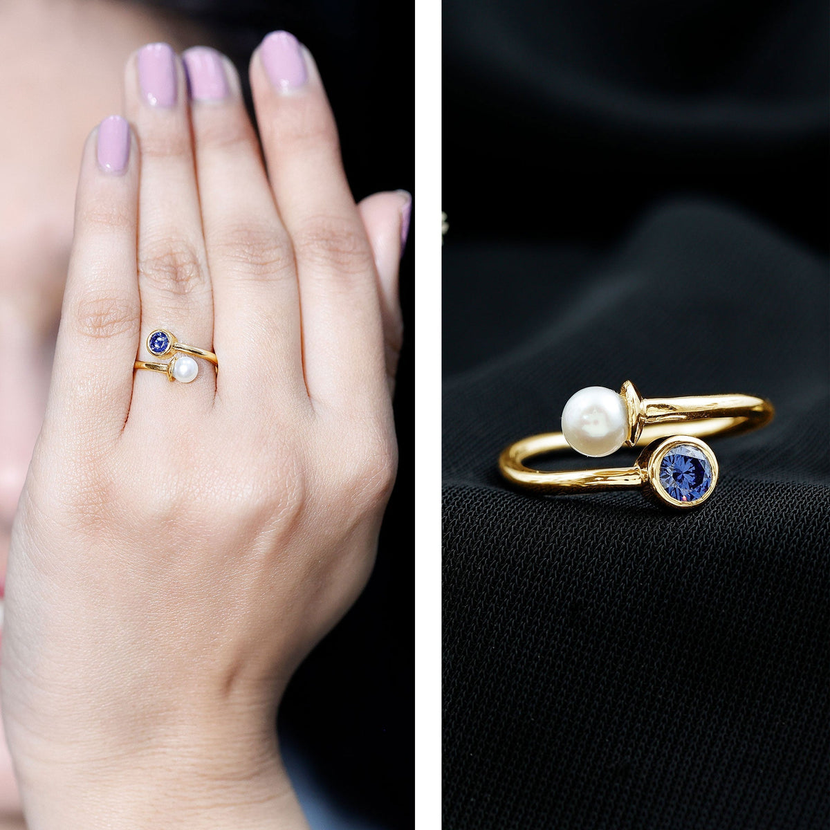 Lab Created Sapphire Ring, Blue Pearl Toi Et Moi Open Wrap Ring