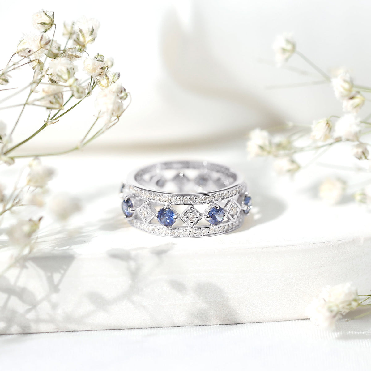 Lab Created Sapphire Ring, Blue Sapphire Diamond Eternity Band