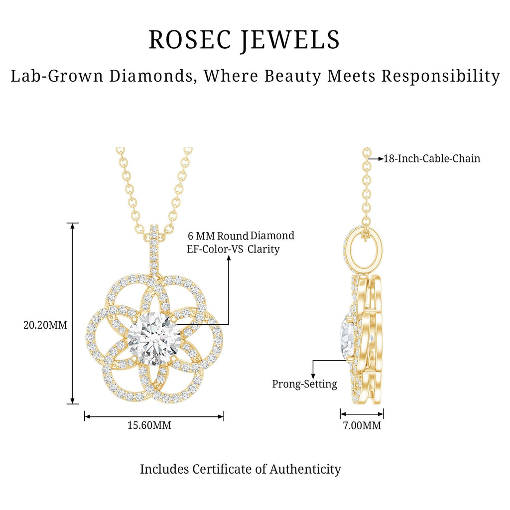 Lab Diamond Necklace – Bridal Flower Pendant with 0.9 Carat Round Cut Diamond