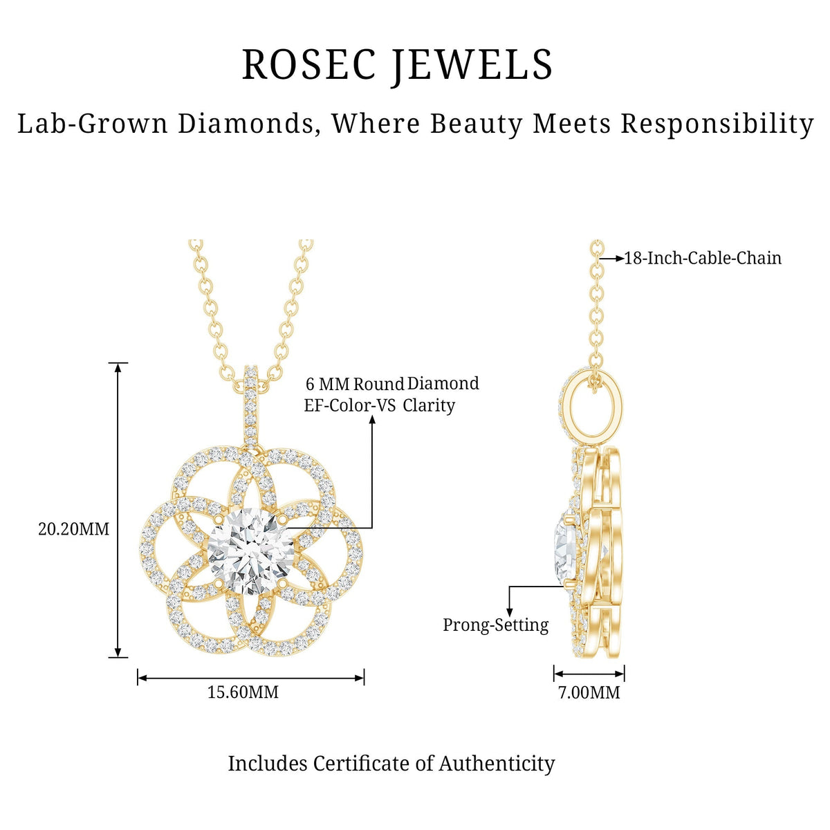 Lab Diamond Necklace – Bridal Flower Pendant with 0.9 Carat Round Cut Diamond