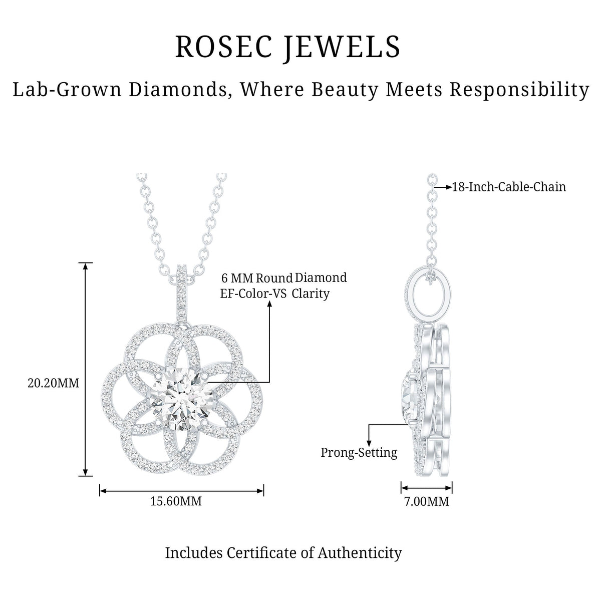 Lab Diamond Necklace – Bridal Flower Pendant with 0.9 Carat Round Cut Diamond