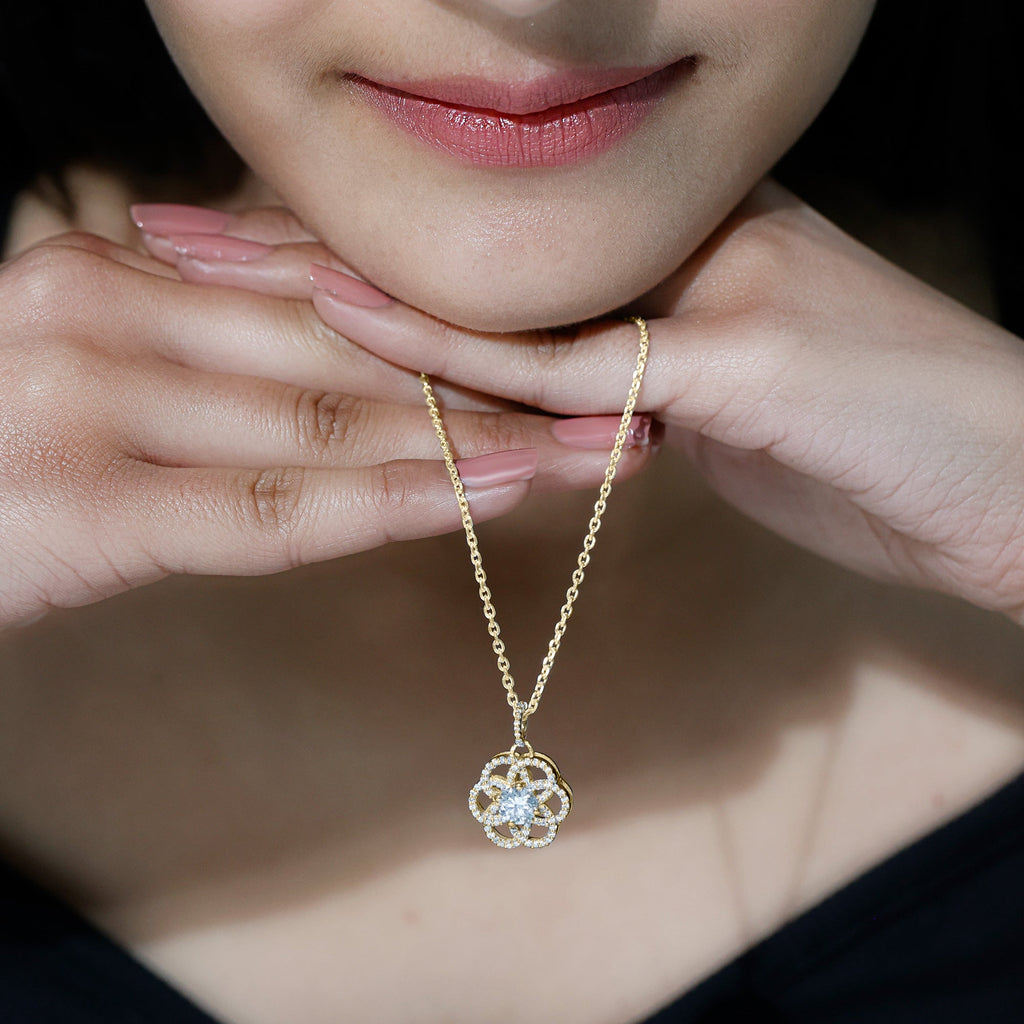 Lab Diamond Necklace – Bridal Flower Pendant with 0.9 Carat Round Cut Diamond