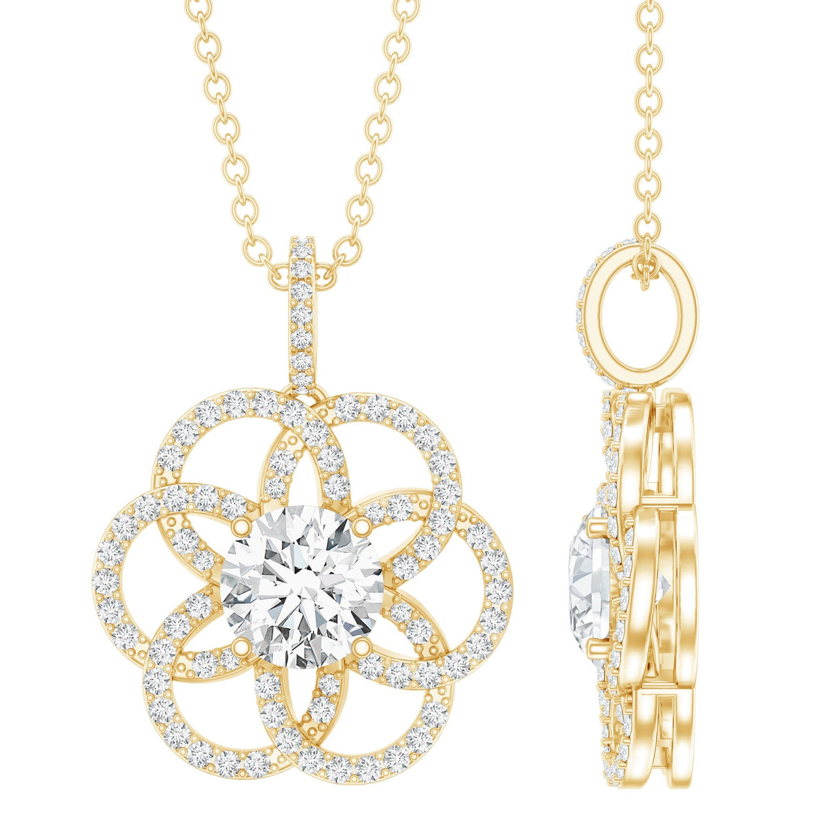 Lab Diamond Necklace – Bridal Flower Pendant with 0.9 Carat Round Cut Diamond