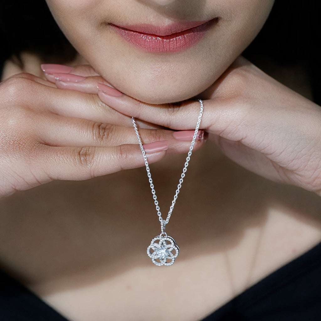 Lab Diamond Necklace – Bridal Flower Pendant with 0.9 Carat Round Cut Diamond