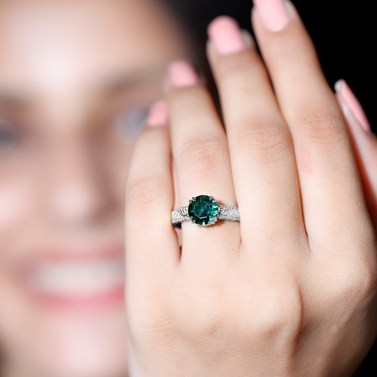 Lab Emerald Engagement Ring – Vintage Solitaire Design with Intricate Detailing