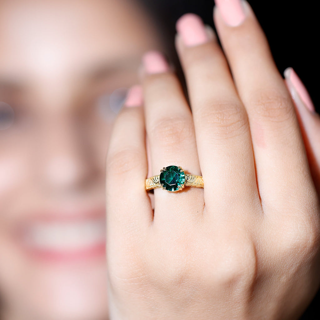 Lab Emerald Engagement Ring – Vintage Solitaire Design with Intricate Detailing