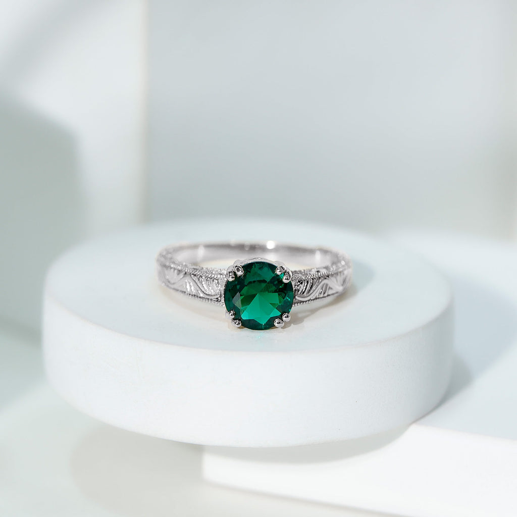 Lab Emerald Engagement Ring – Vintage Solitaire Design with Intricate Detailing