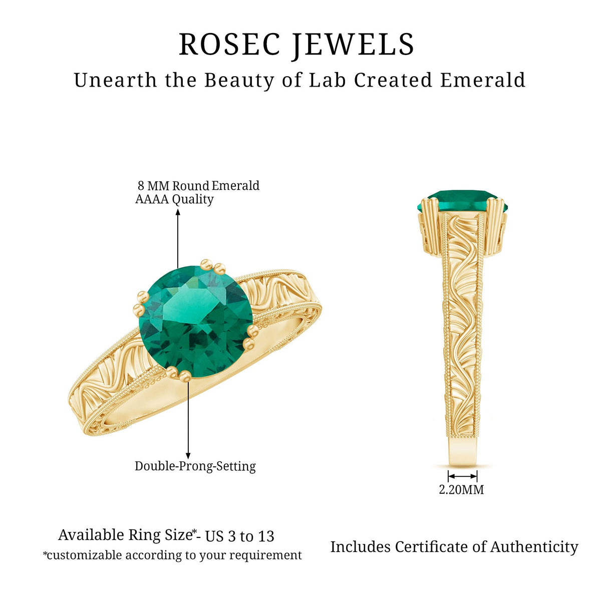 Lab Emerald Engagement Ring – Vintage Solitaire Design with Intricate Detailing