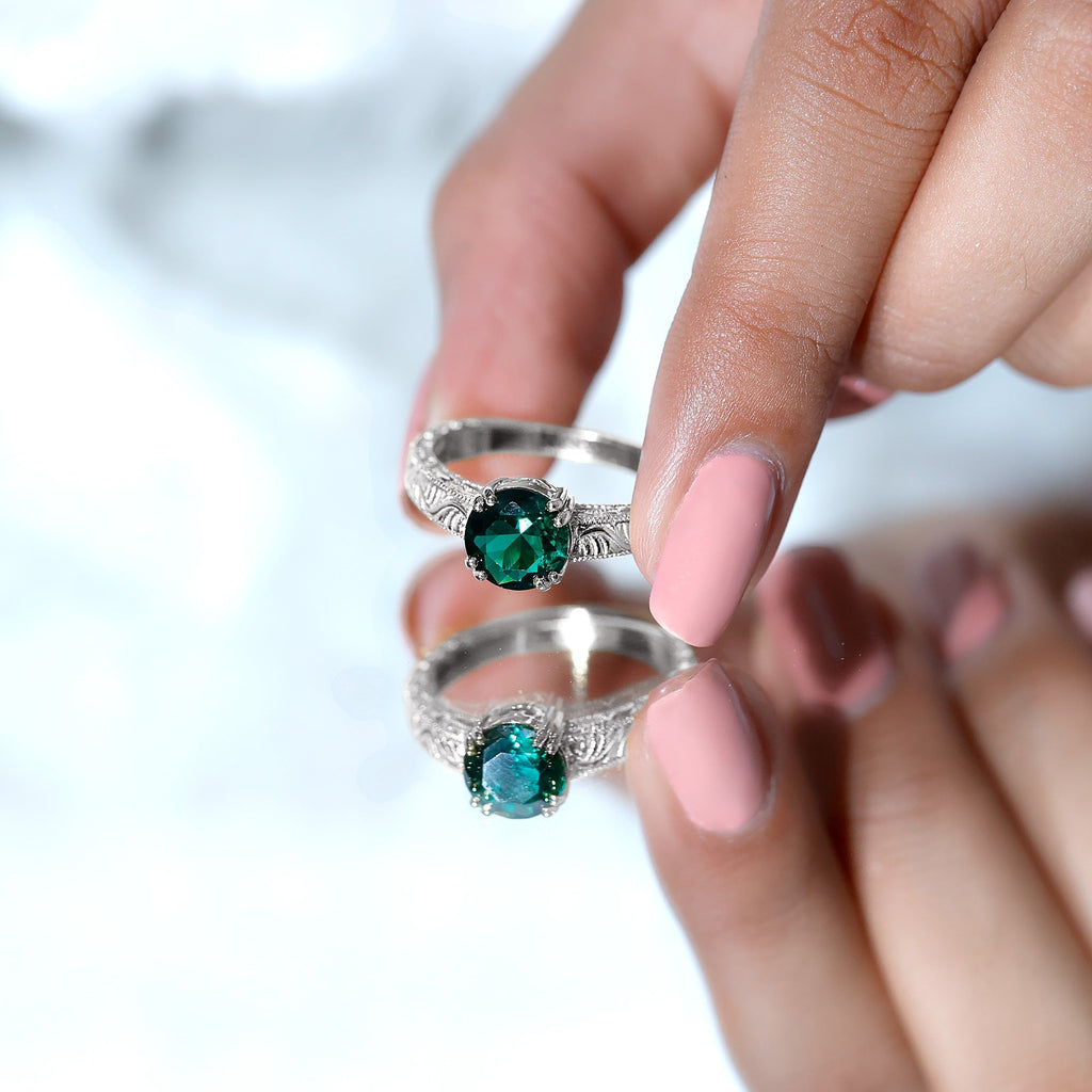 Lab Emerald Engagement Ring – Vintage Solitaire Design with Intricate Detailing