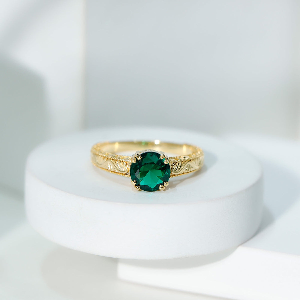 Lab Emerald Engagement Ring – Vintage Solitaire Design with Intricate Detailing