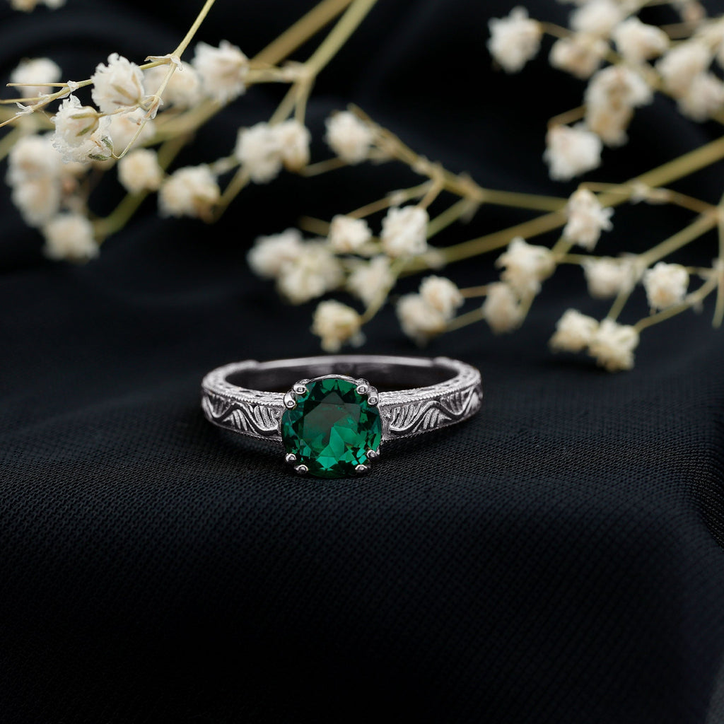 Lab Emerald Engagement Ring – Vintage Solitaire Design with Intricate Detailing