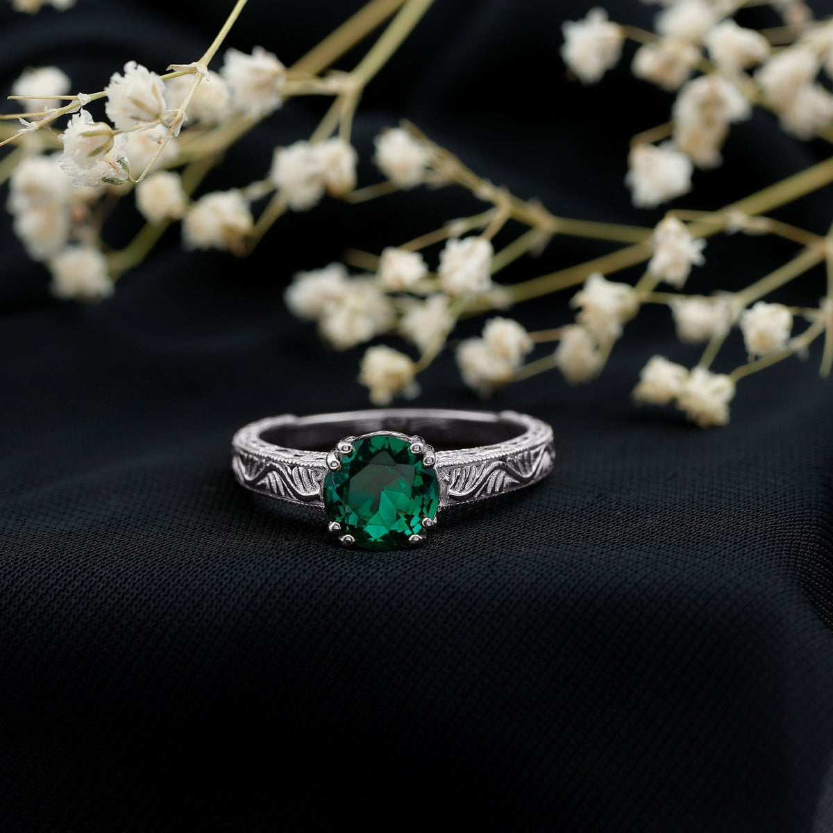 Lab Emerald Engagement Ring – Vintage Solitaire Design with Intricate Detailing