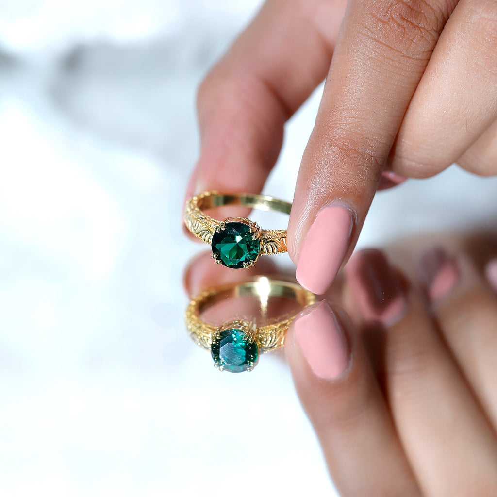 Lab Emerald Engagement Ring – Vintage Solitaire Design with Intricate Detailing