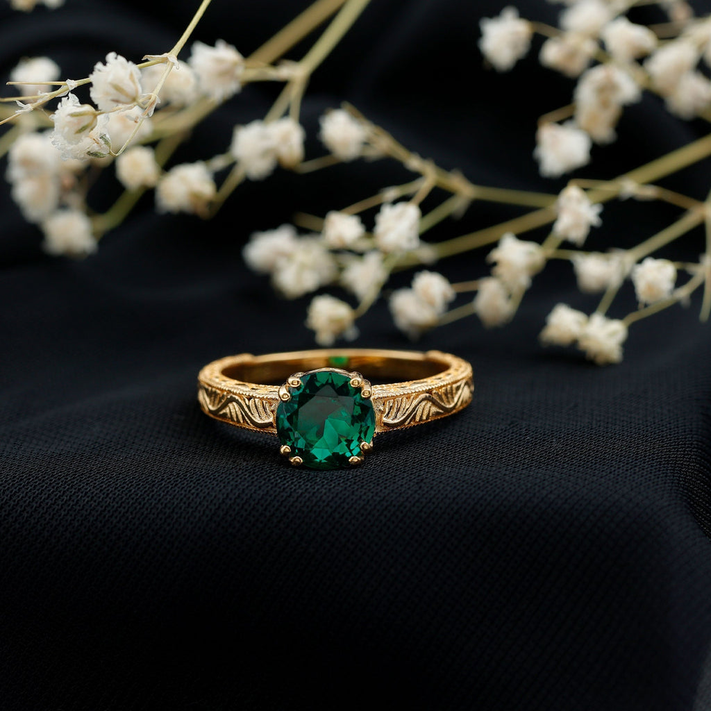Lab Emerald Engagement Ring – Vintage Solitaire Design with Intricate Detailing
