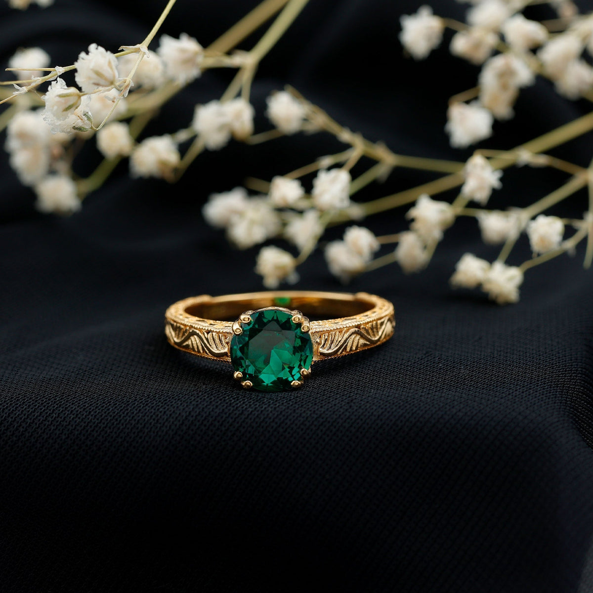 Lab Emerald Engagement Ring – Vintage Solitaire Design with Intricate Detailing