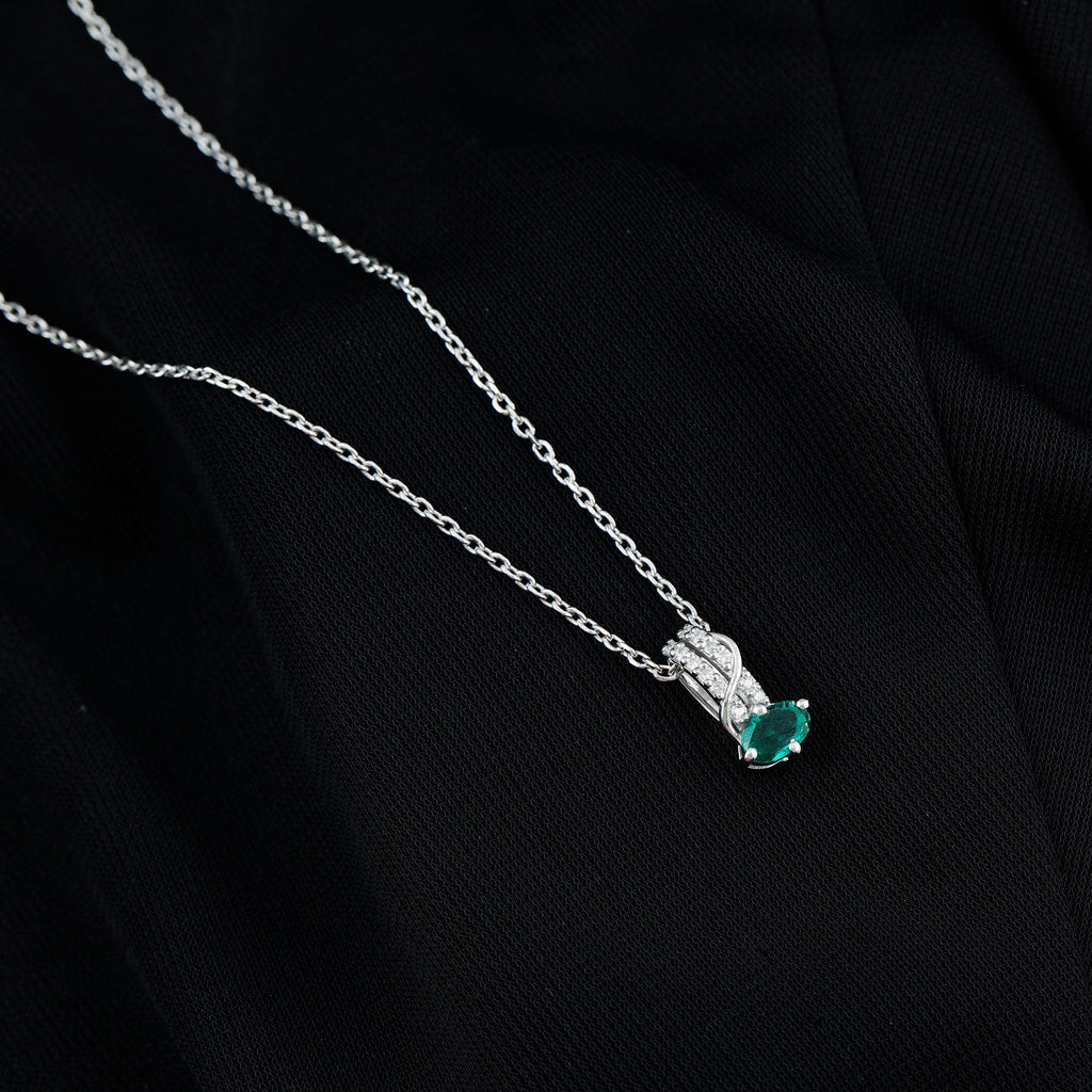 Lab Emerald Necklace – Oval Emerald Pendant with Sparkling Moissanite Stones in 14K White Gold