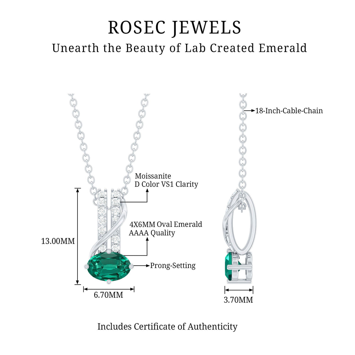Lab Emerald Necklace – Oval Emerald Pendant with Sparkling Moissanite Stones in 14K White Gold