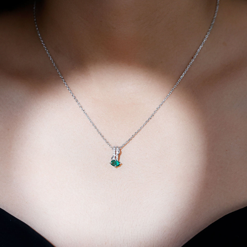 Lab Emerald Necklace – Oval Emerald Pendant with Sparkling Moissanite Stones in 14K White Gold