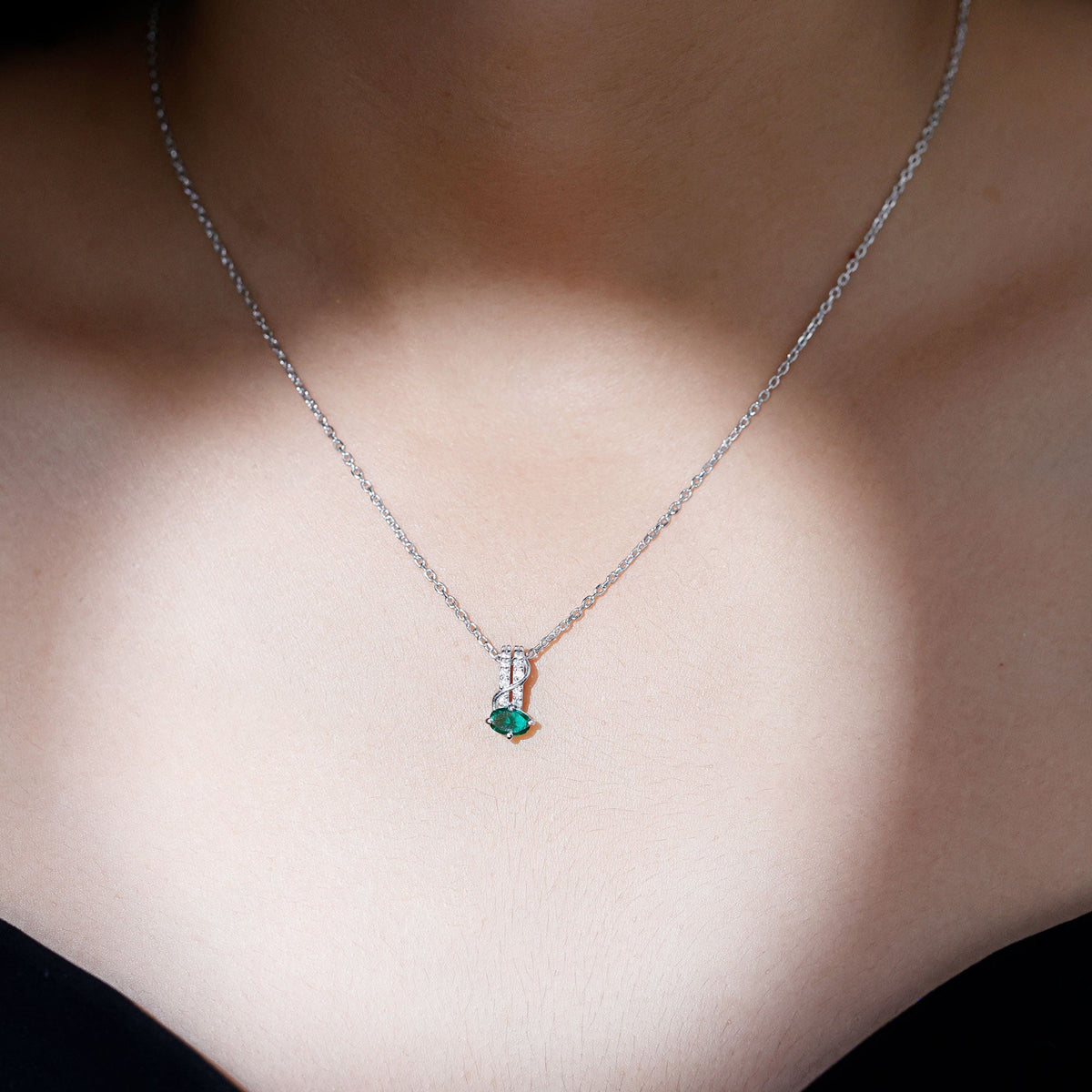 Lab Emerald Necklace – Oval Emerald Pendant with Sparkling Moissanite Stones in 14K White Gold