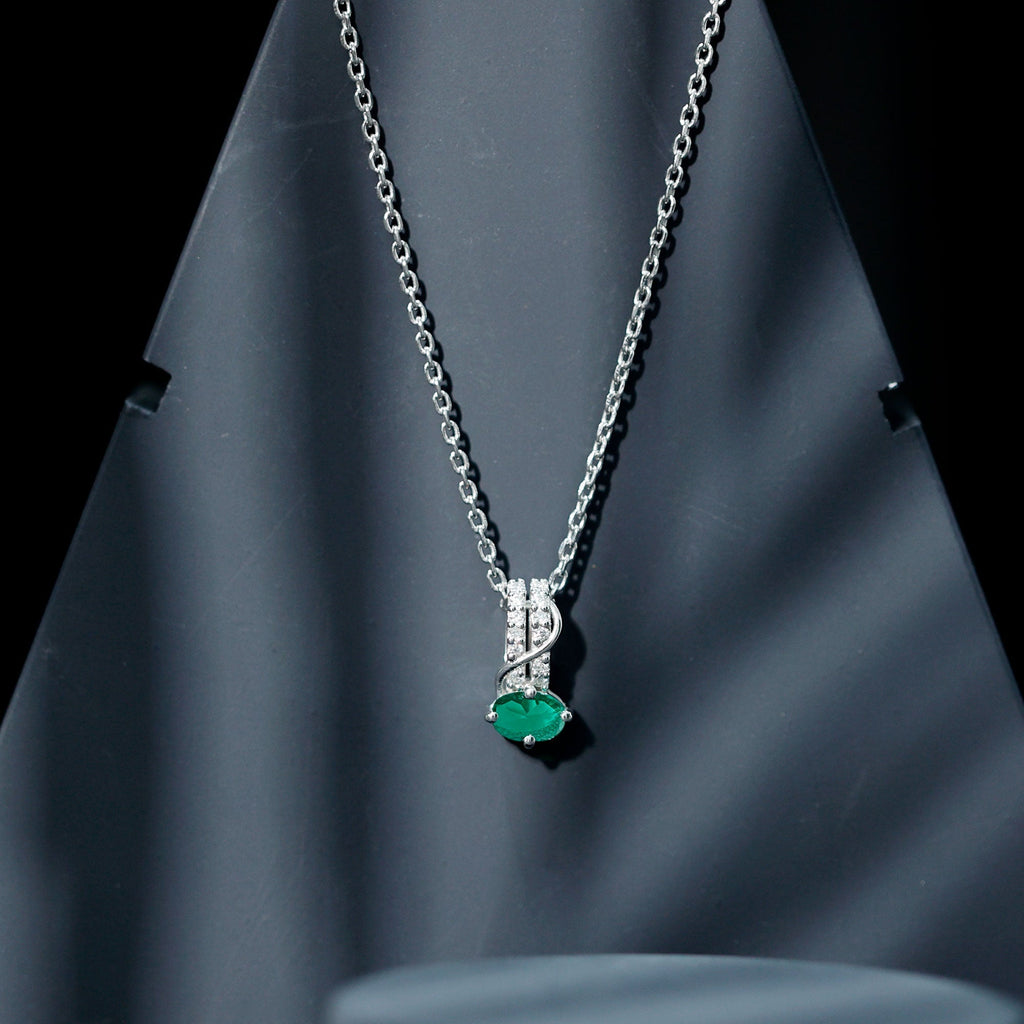Lab Emerald Necklace – Oval Emerald Pendant with Sparkling Moissanite Stones in 14K White Gold