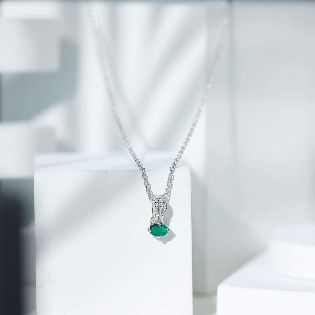 Lab Emerald Necklace – Oval Emerald Pendant with Sparkling Moissanite Stones in 14K White Gold