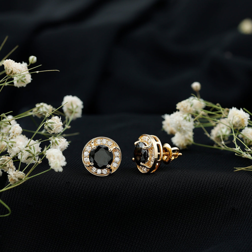 Lab Grown Black Diamond Halo Stud Earrings With Screw Back