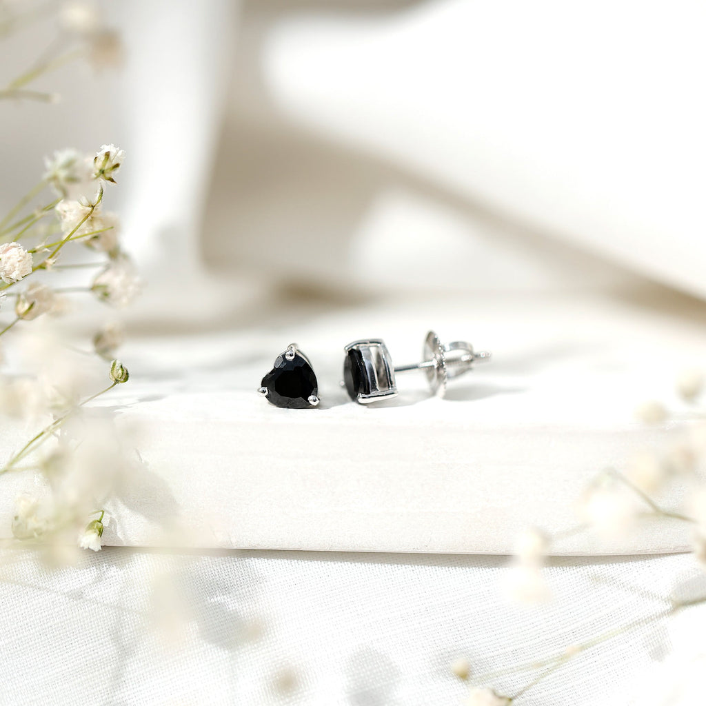 Lab Grown Black Diamond Heart Stud Earrings With Screw Back