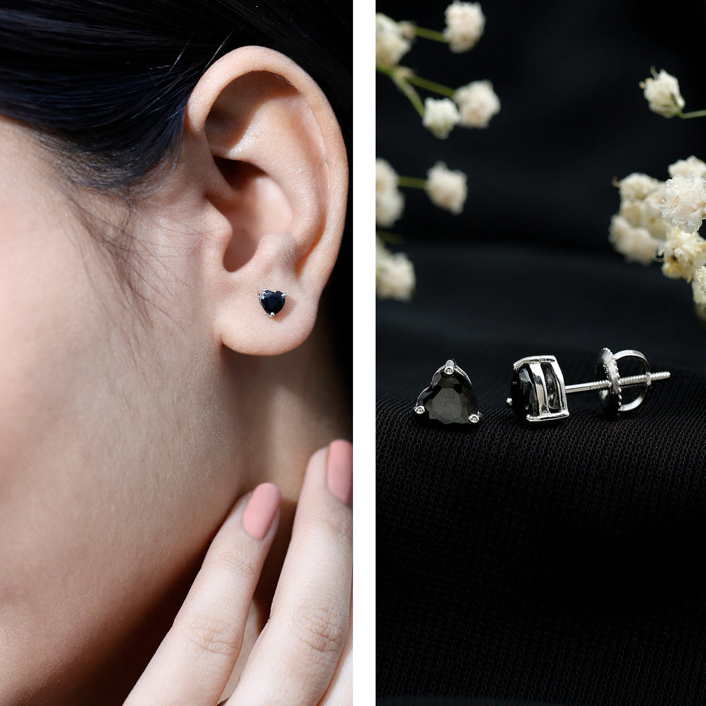 Lab Grown Black Diamond Heart Stud Earrings With Screw Back