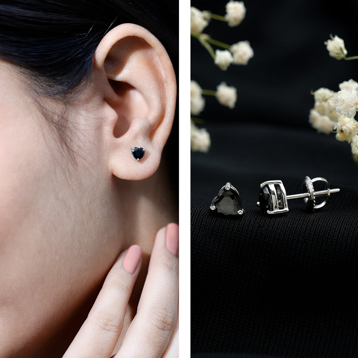 Lab Grown Black Diamond Heart Stud Earrings With Screw Back