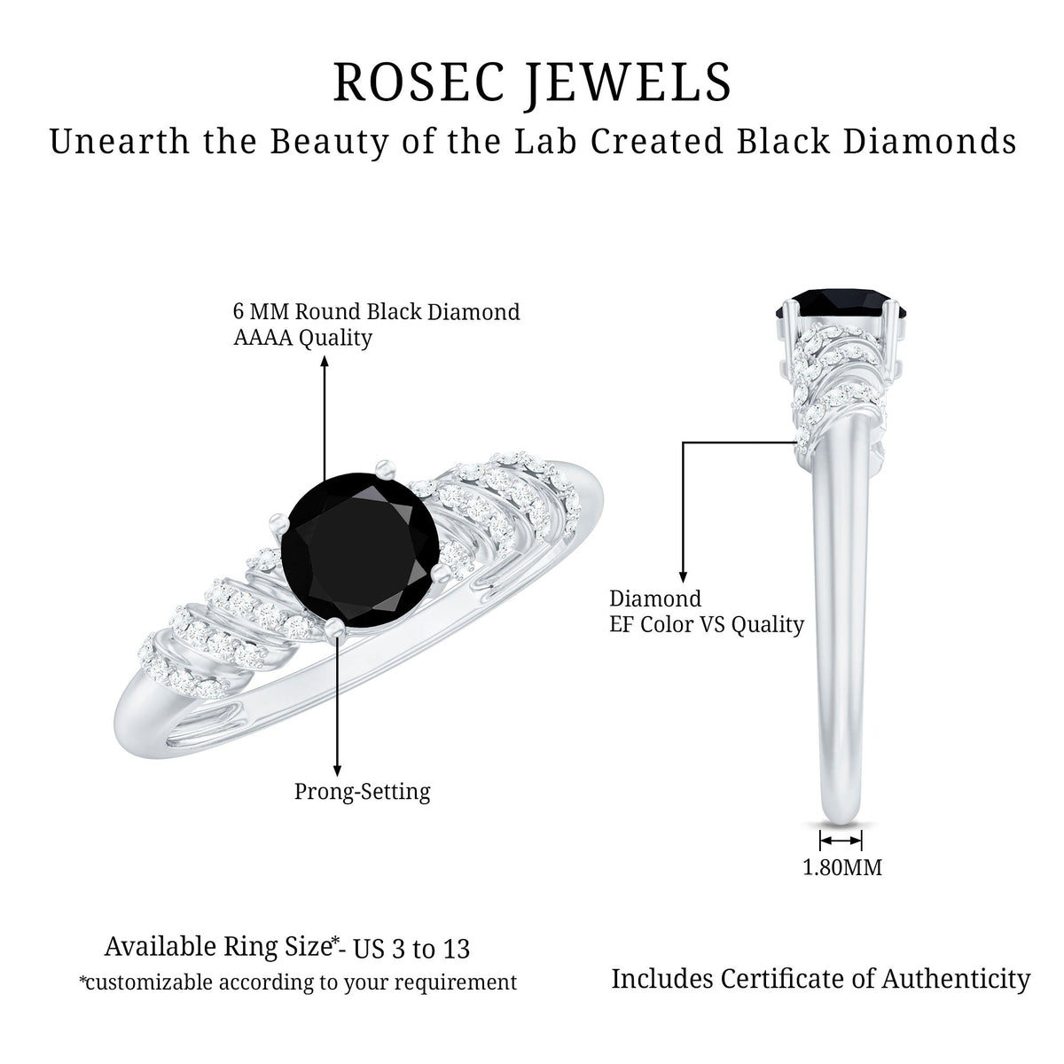 Lab Grown Black Diamond Solitaire Promise Ring With Diamond
