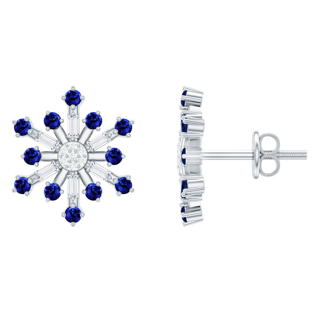 Lab Grown Blue Sapphire and Diamond Snowflake Stud Earrings