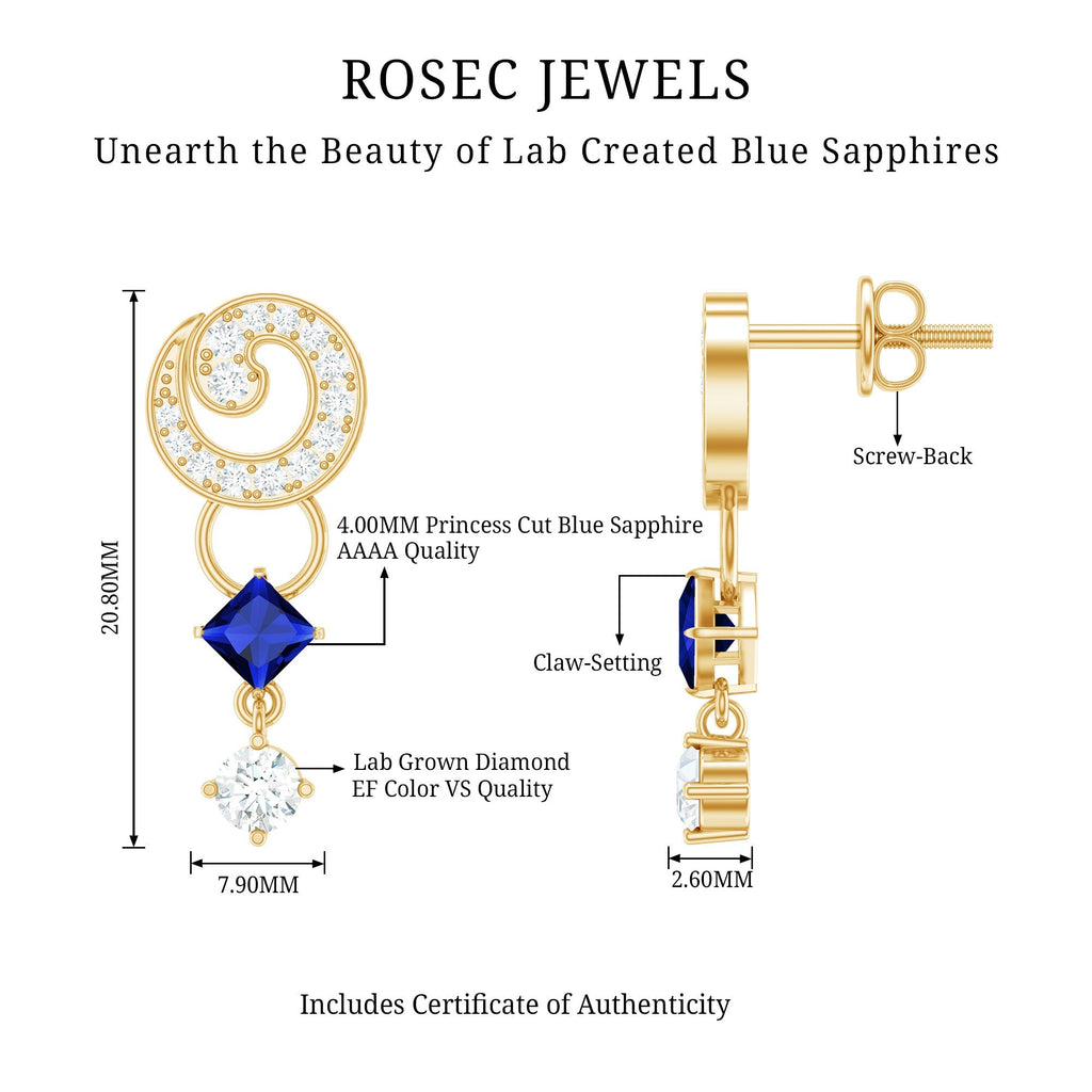 Lab Grown Blue Sapphire and Diamond Wedding Dangle Earrings