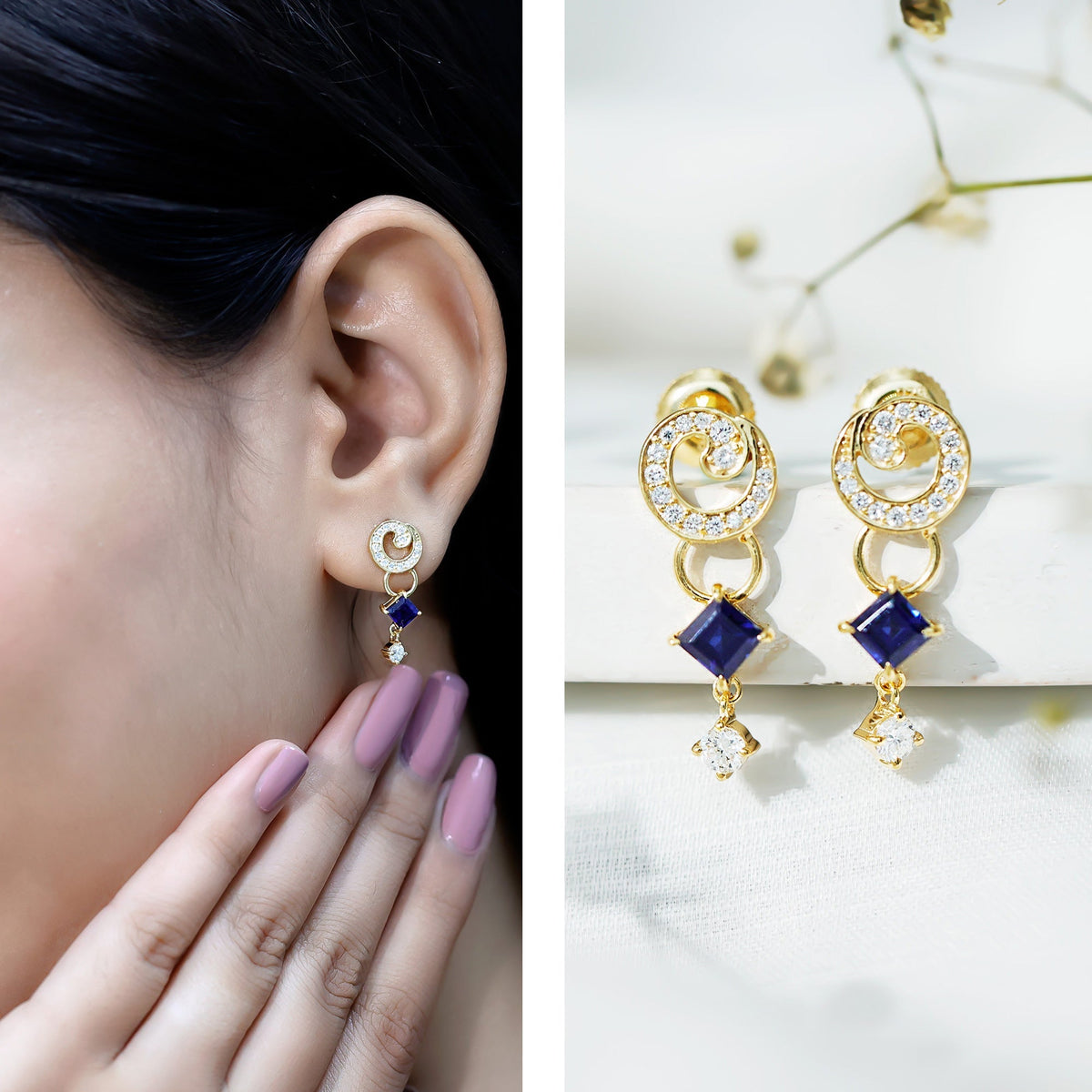 Lab Grown Blue Sapphire and Diamond Wedding Dangle Earrings