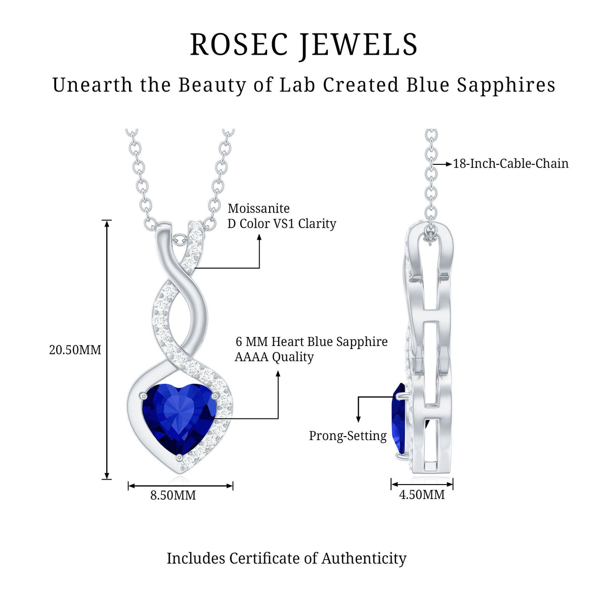 Lab Grown Blue Sapphire and Moissanite Infinity Heart Necklace with Chain