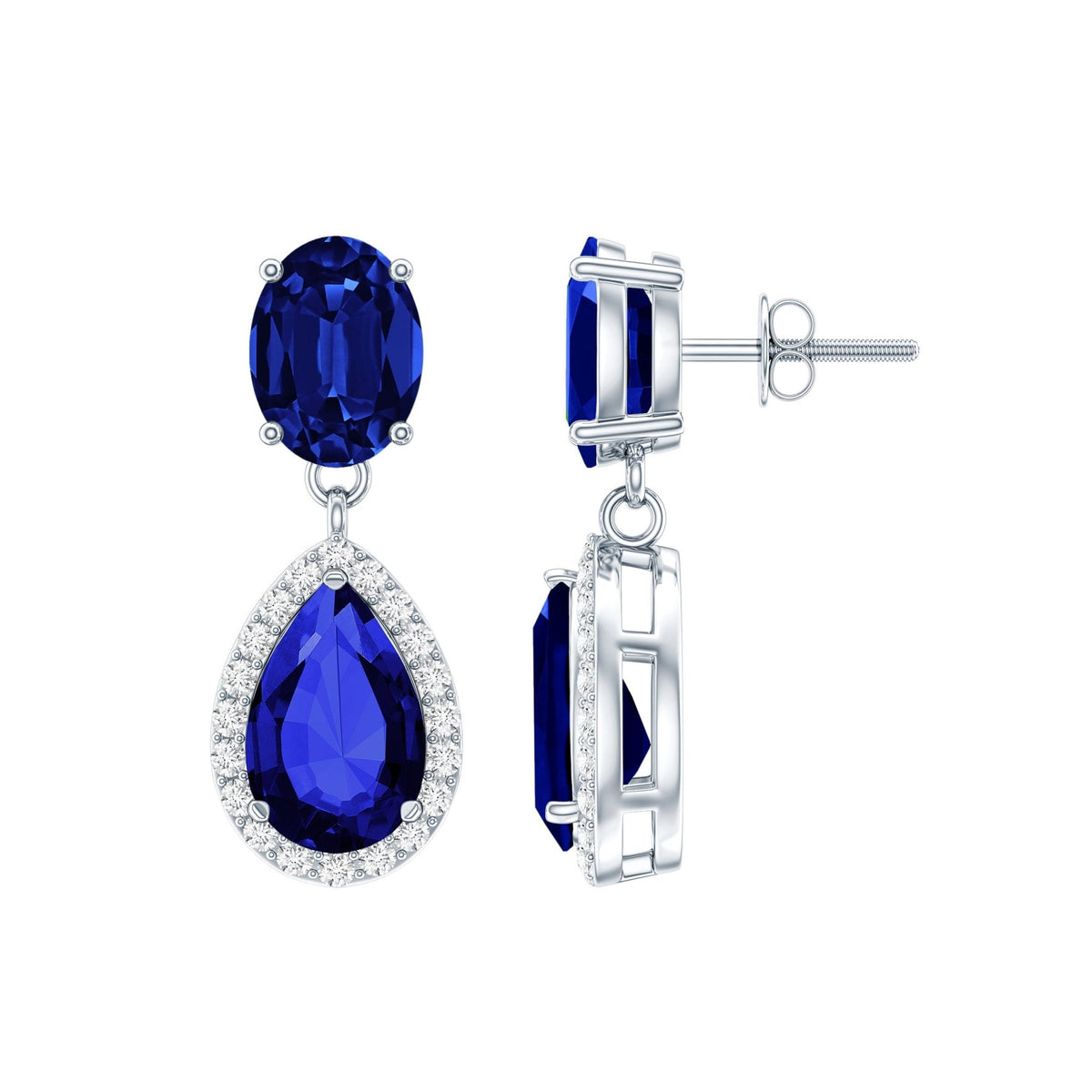 Lab Grown Blue Sapphire Bridal Dangle Earrings with Moissanite