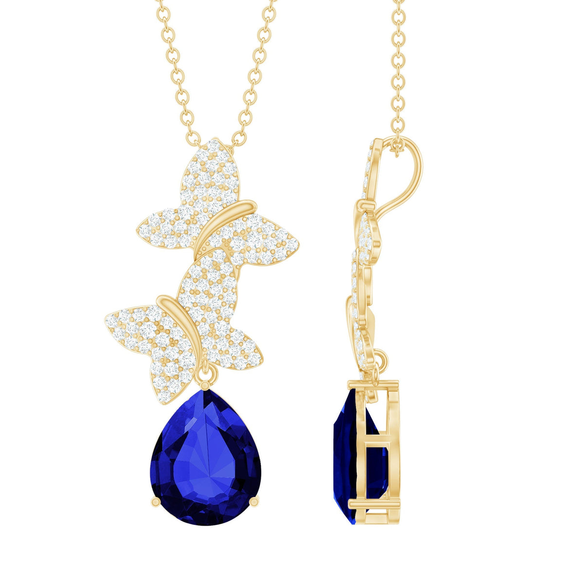 Lab Grown Blue Sapphire Butterflies Pendant Necklace with Diamond