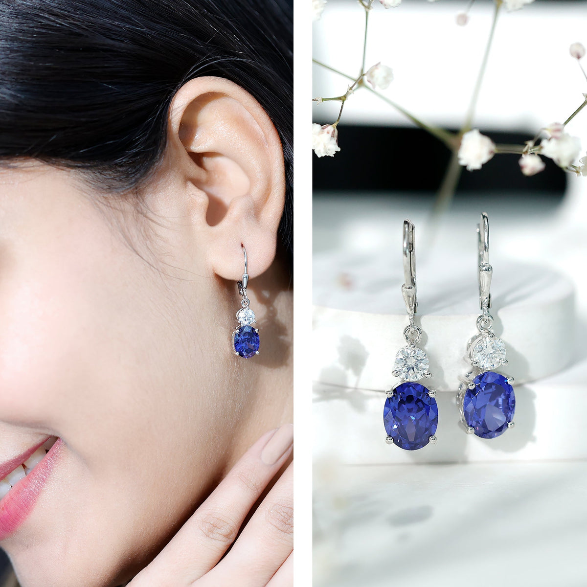 Lab Grown Blue Sapphire Drop Hoop Earrings with Moissanite