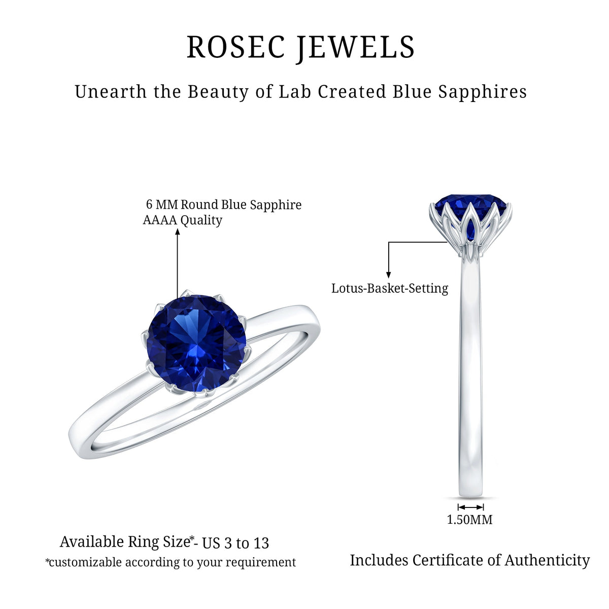 Lab Grown Blue Sapphire Ring, 1 Carat Solitaire Engagement Ring