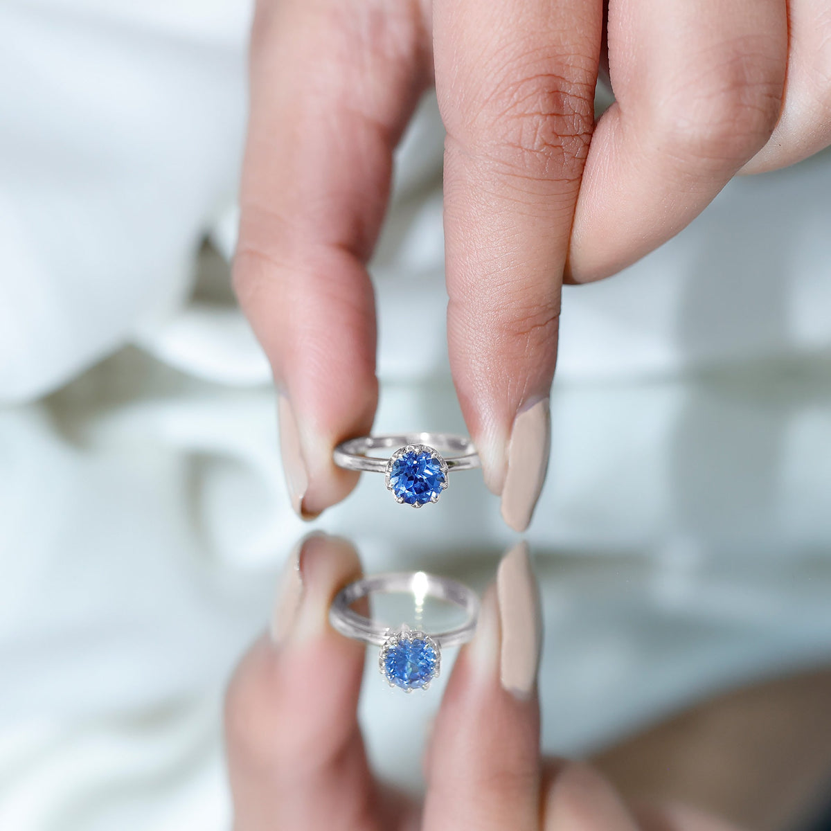Lab Grown Blue Sapphire Ring, 1 Carat Solitaire Engagement Ring