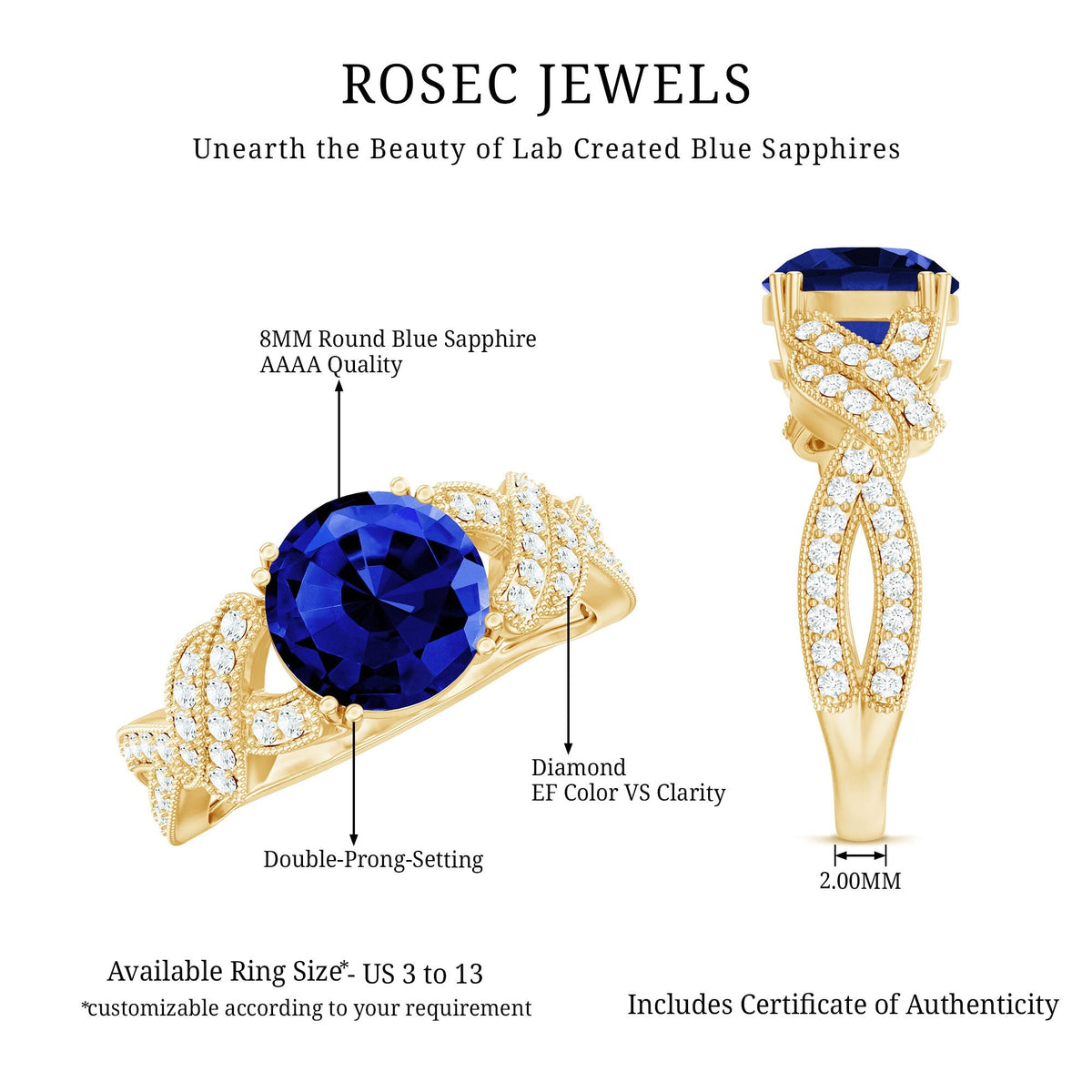 Lab Grown Blue Sapphire Ring, 2.7 Carat Designer Engagement Ring