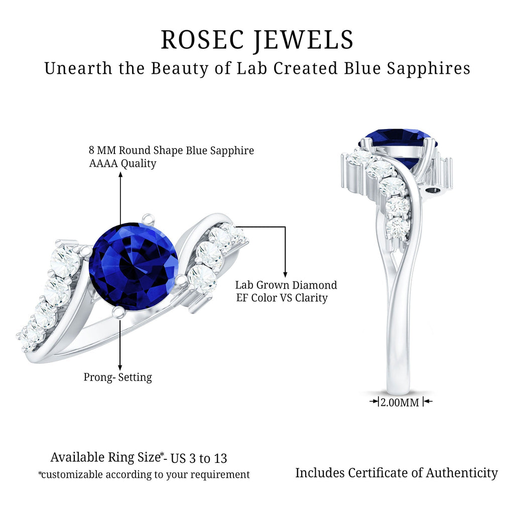 Lab Grown Blue Sapphire Ring, 2.7 Carat Diamond Bypass Shank