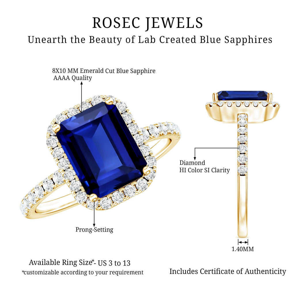 Lab Grown Blue Sapphire Ring, 2.75 Ct Emerald Cut Diamond Halo