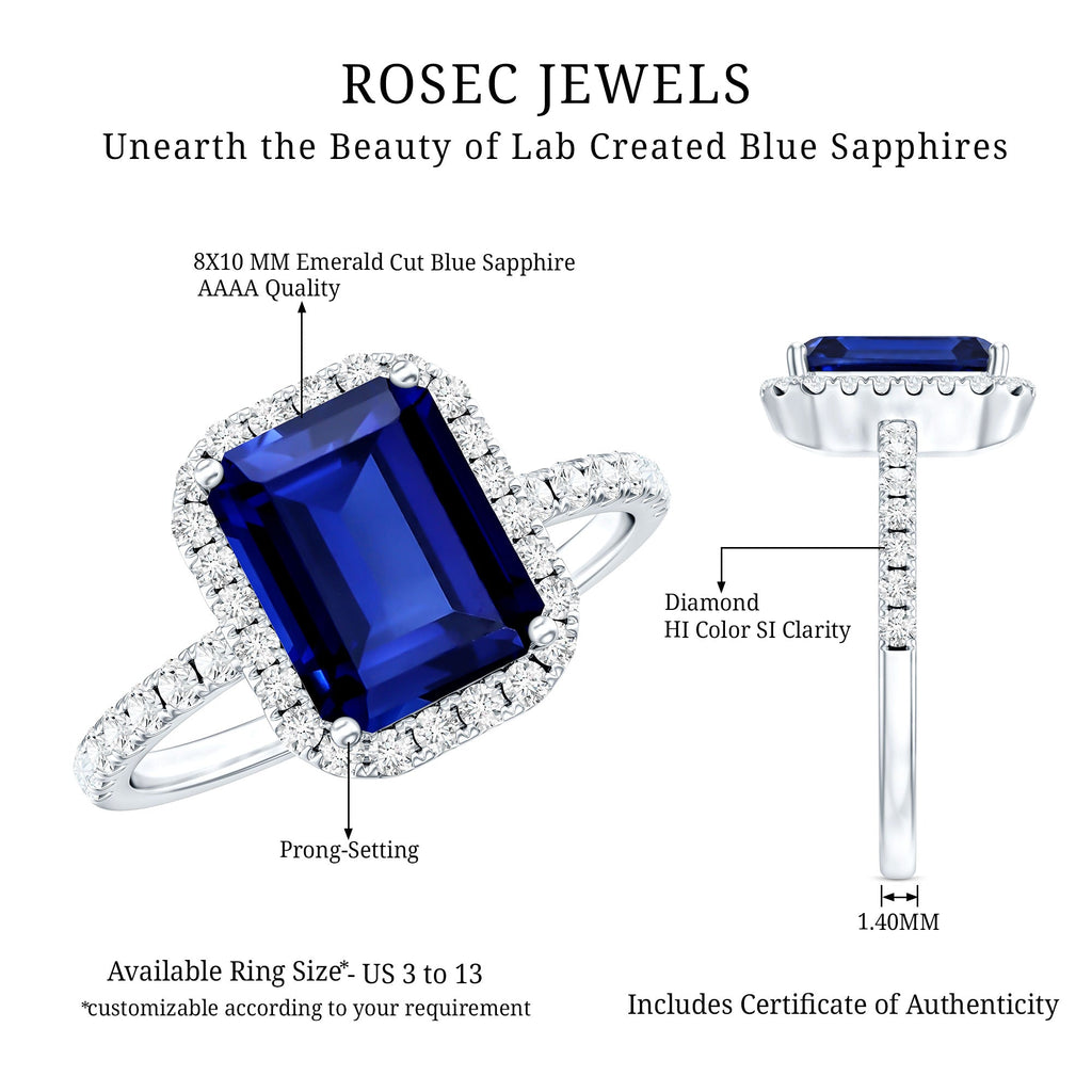Lab Grown Blue Sapphire Ring, 2.75 Ct Emerald Cut Diamond Halo