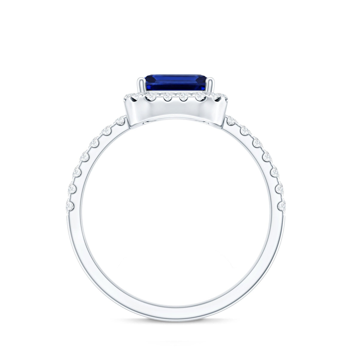 Lab Grown Blue Sapphire Ring, 2.75 Ct Emerald Cut Diamond Halo