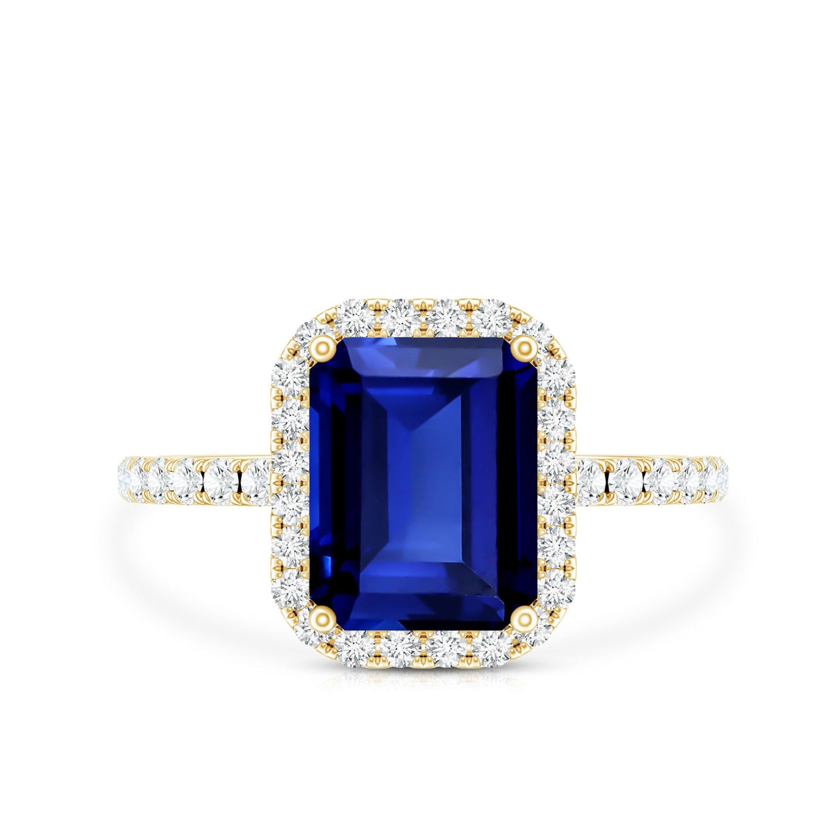 Lab Grown Blue Sapphire Ring, 2.75 Ct Emerald Cut Diamond Halo